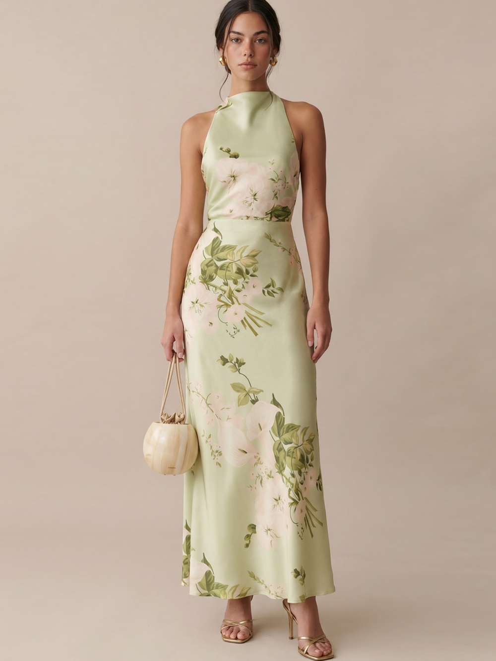 Few Moda o.p.t. Roslyn Silk Dress Sleeveless Floral Halter Maxi Light Green NWT - Picture 5 of 11
